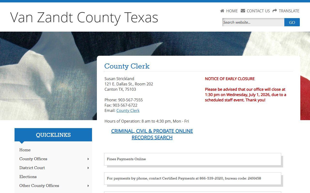Van Zandt County court records after jail arrest County Clerk records page