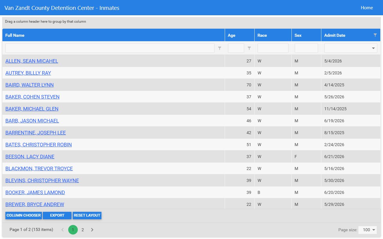 Van Zandt County Detention Center current inmate roster grid